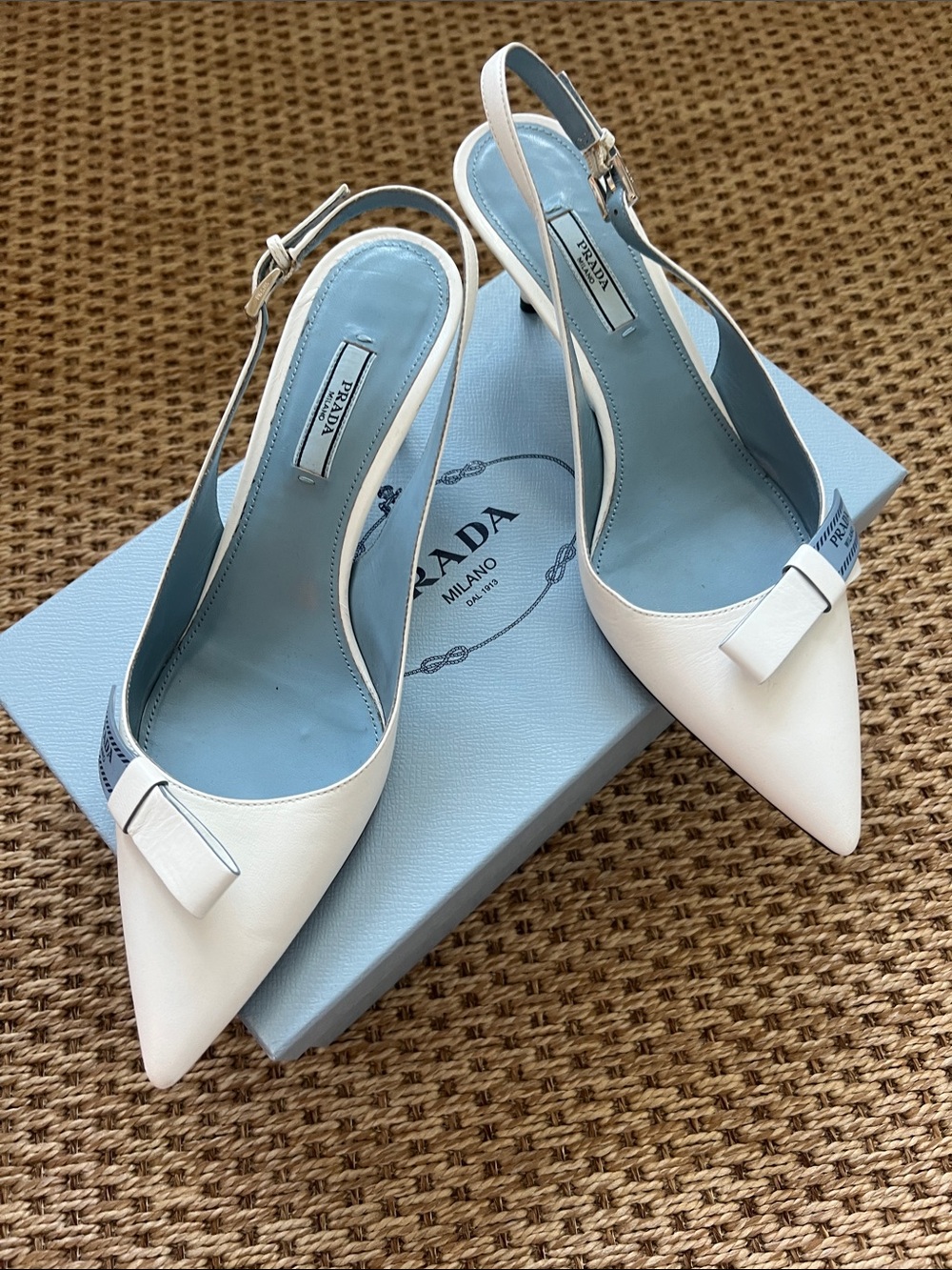 Prada White Leather Pointed Slingback Kitten Heels with Blue Prada Bow!